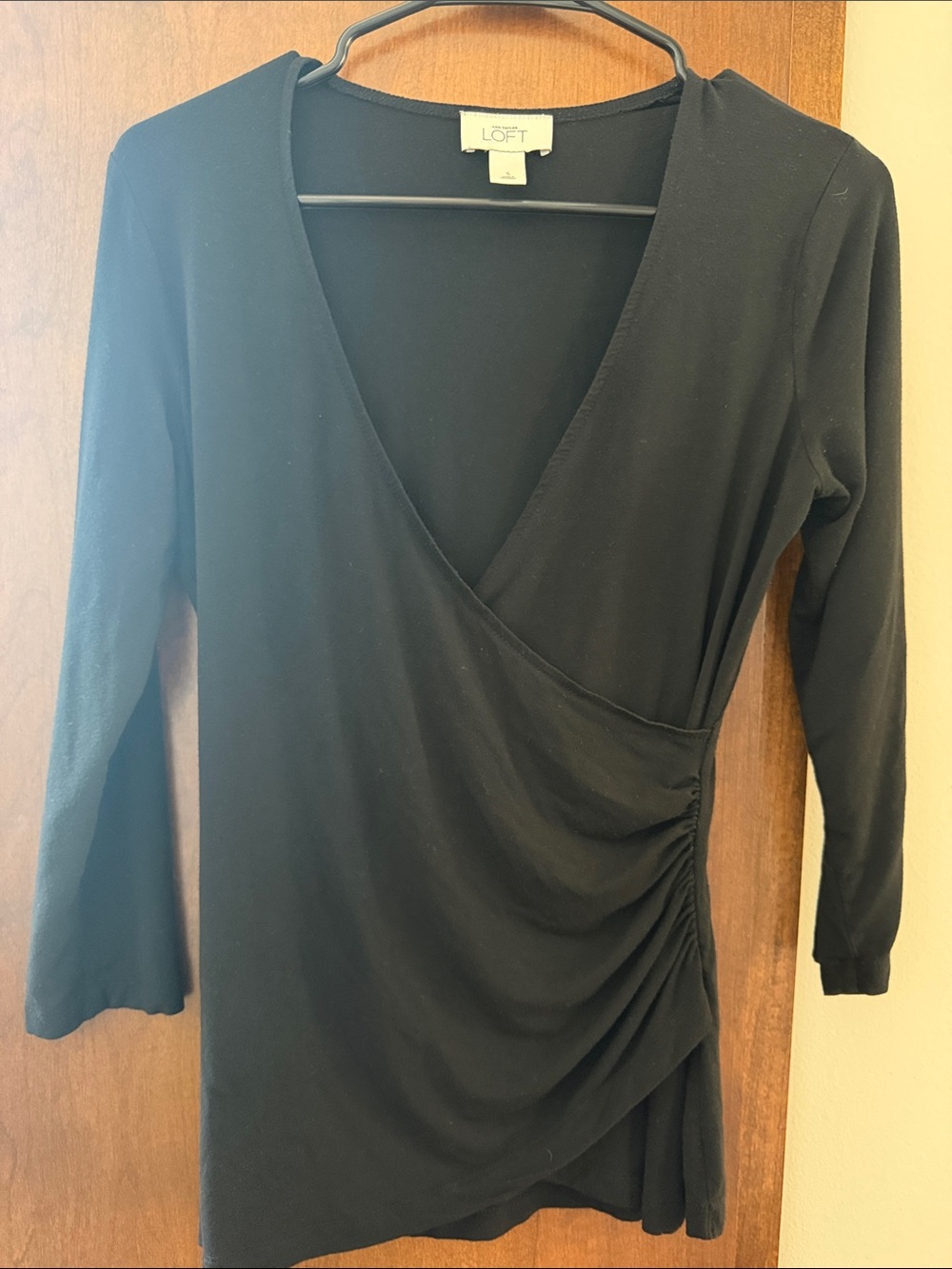 LOFT Black Wrap-Style Long Sleeve Ruched Side Top
